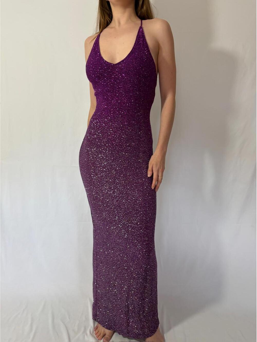 Urban Girl Nites Purple Gradient Glittery Open Back Evening Gown - Picture 4 of 8